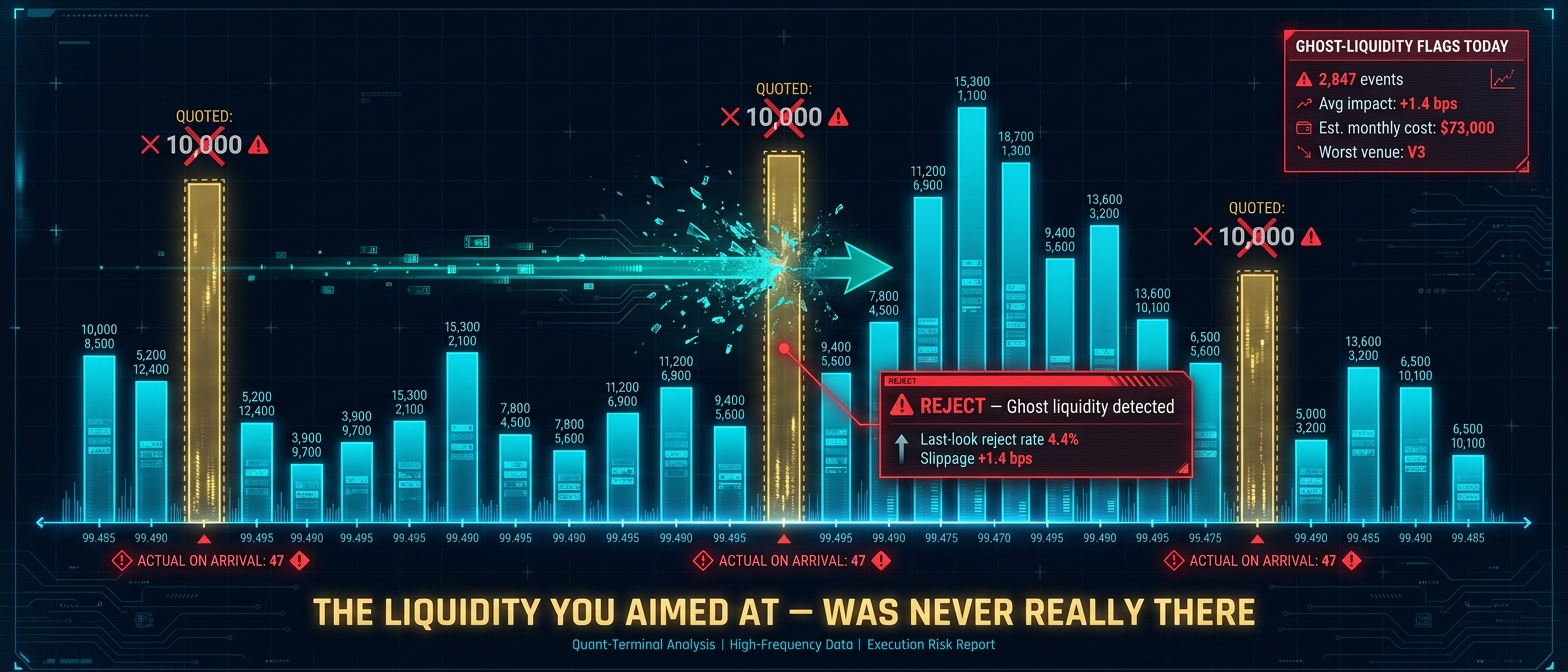 The liquidity you aimed at was never really there. Order book ladder showing solid cyan real-liquidity bars mixed with translucent gold ghost-liquidity bars. Quoted size 10,000 was actually 47 on arrival. An incoming teal order arrow rejected into empty space. Today: 2,847 ghost events, $73,000 estimated monthly cost.