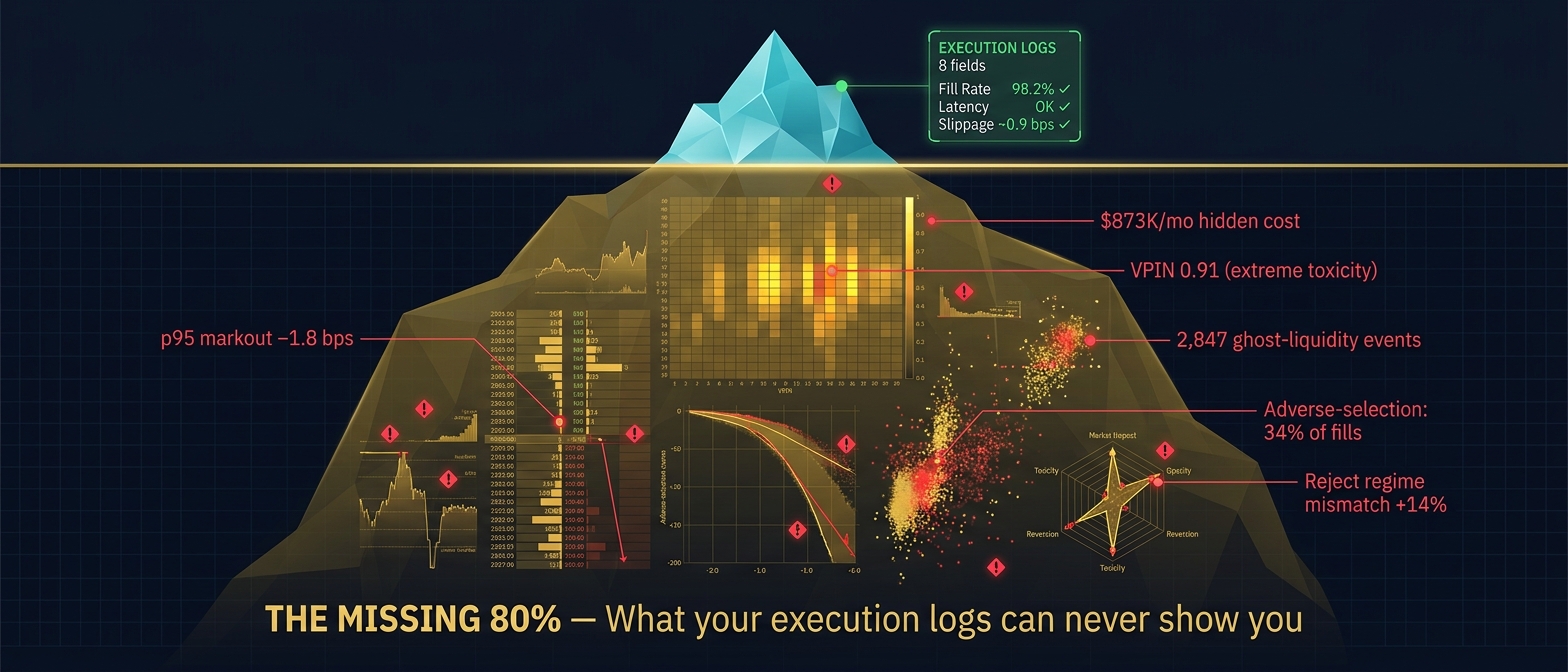The missing 80% - execution logs show fill rate 98.2% and healthy metrics, while the hidden microstructure layer contains VPIN 0.91 extreme toxicity, 2,847 ghost-liquidity events, p95 markout -1.8 bps, adverse-selection affecting 34 percent of fills, and $873K per month in hidden cost.