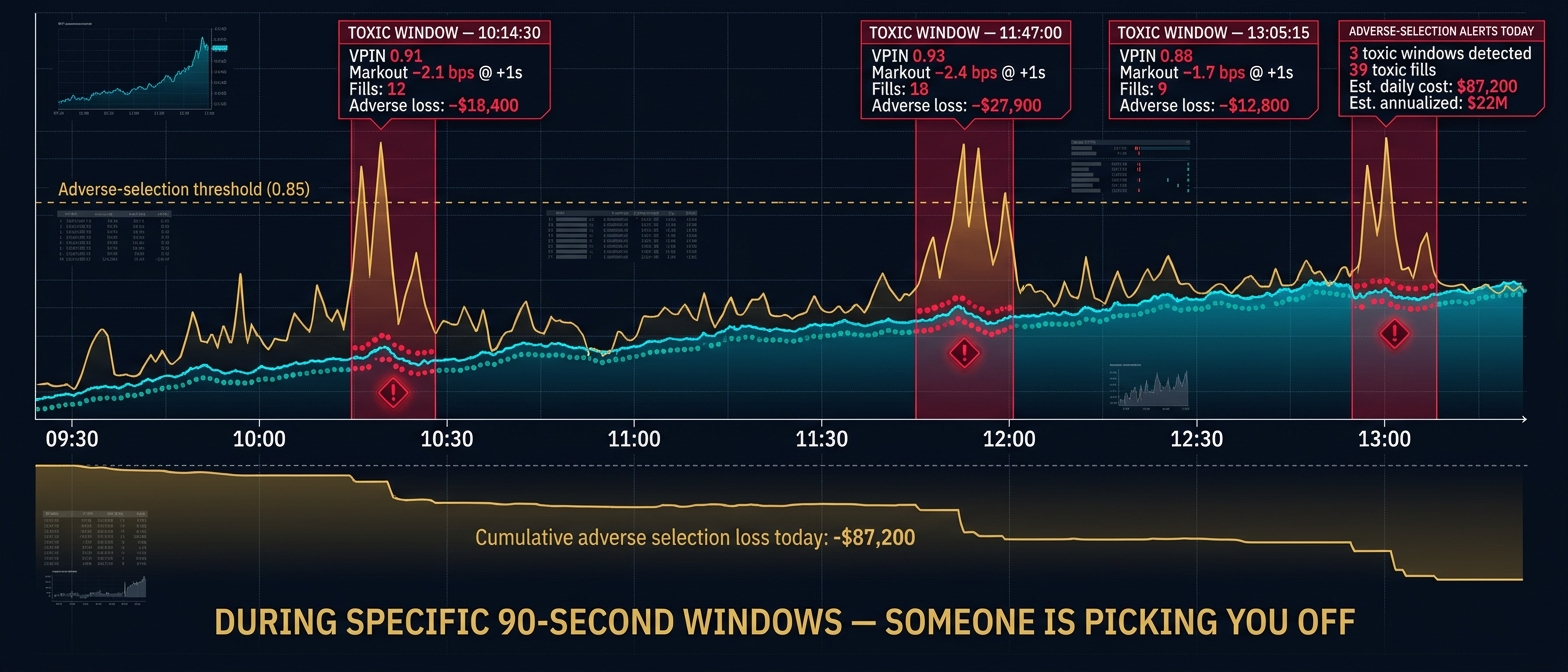 During specific 90-second windows someone is picking you off. Intraday price timeline with three toxic windows marked in crimson: VPIN 0.91, 0.93, 0.88; markouts -2.1 to -2.4 bps at plus-1-second; 39 toxic fills; adverse losses totaling $87,200 today, estimated annualized cost $22M.